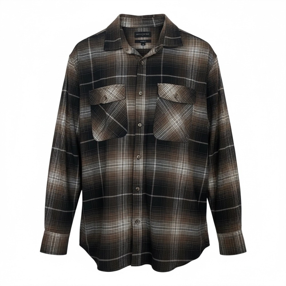 Banana Republic Men Standard Fit Flannel Plaid Long Sleeve Brown Shirt XL Grunge - Picture 2 of 8